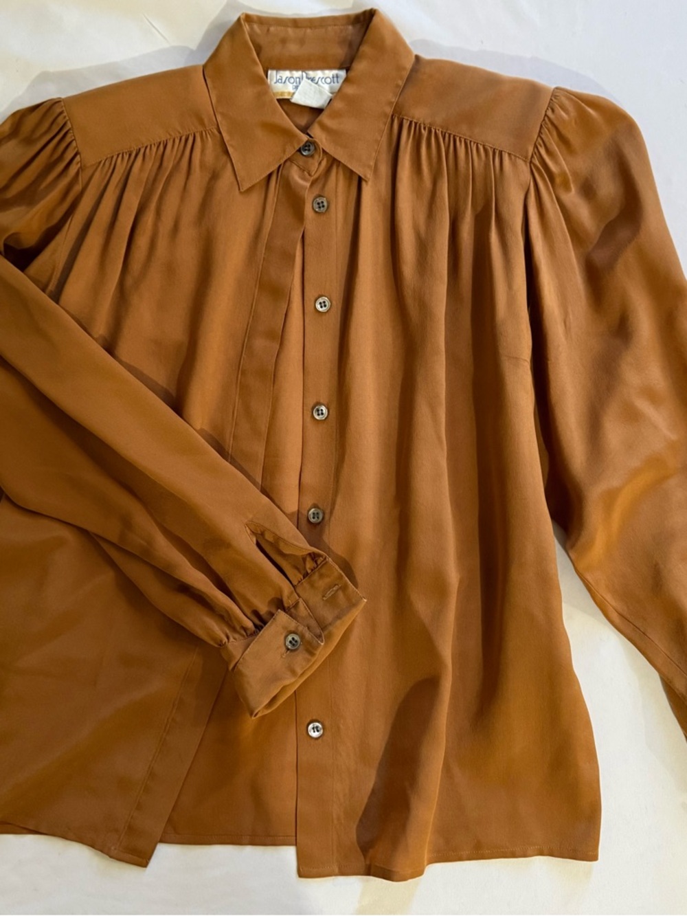 Silk Rust Brown Button-Front Puff Sleeve Blouse